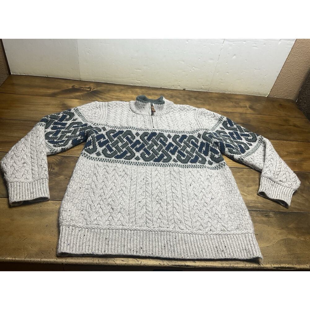 ARAN CRAFTS IRELAND Celtic Knot Half Zip Oatmeal Merino Wool Jacquard Men's M